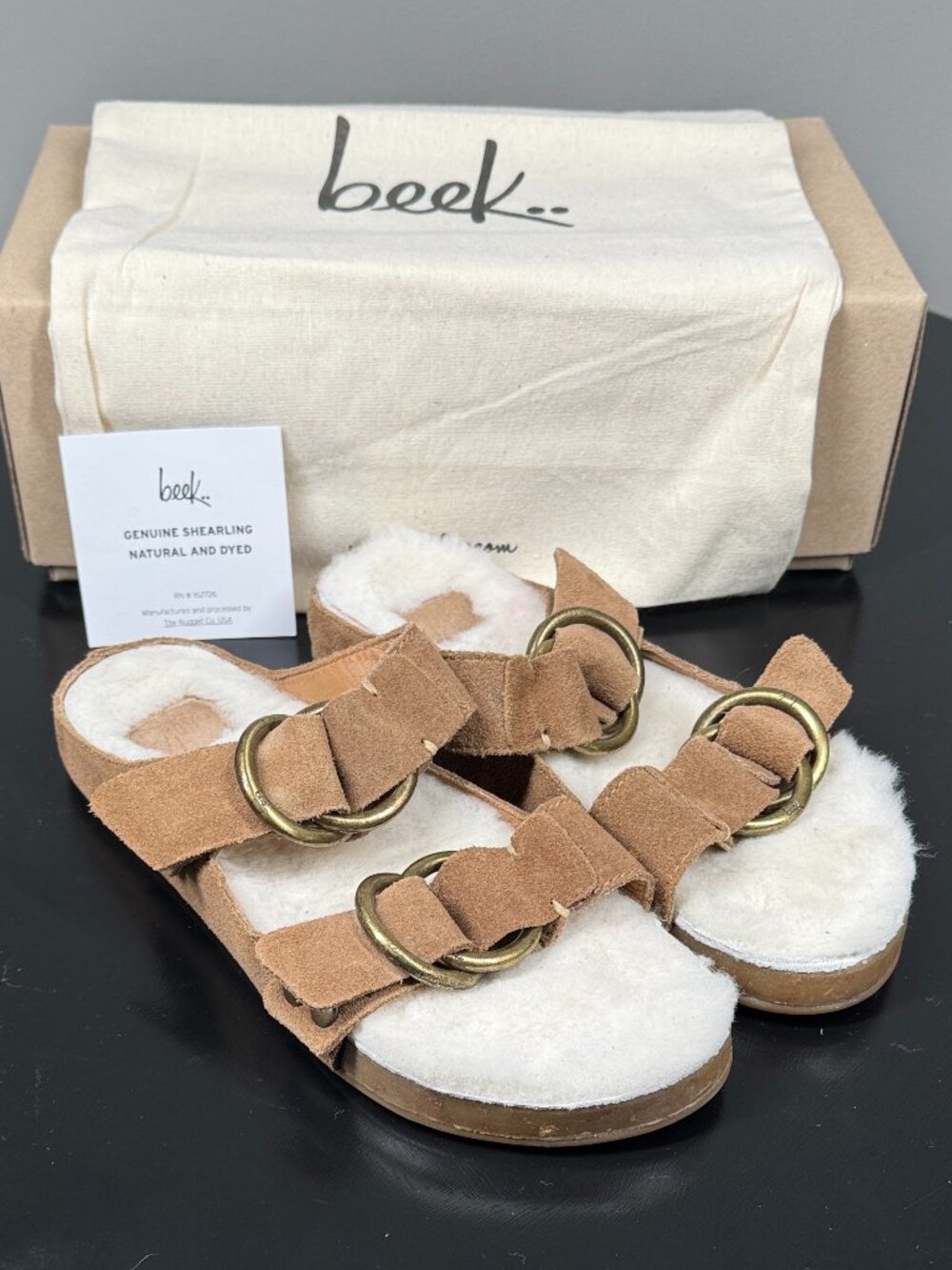 BEEK BUZZARD Chestnut Suede Shearling Lined Two Band Slides Sandals Size 7